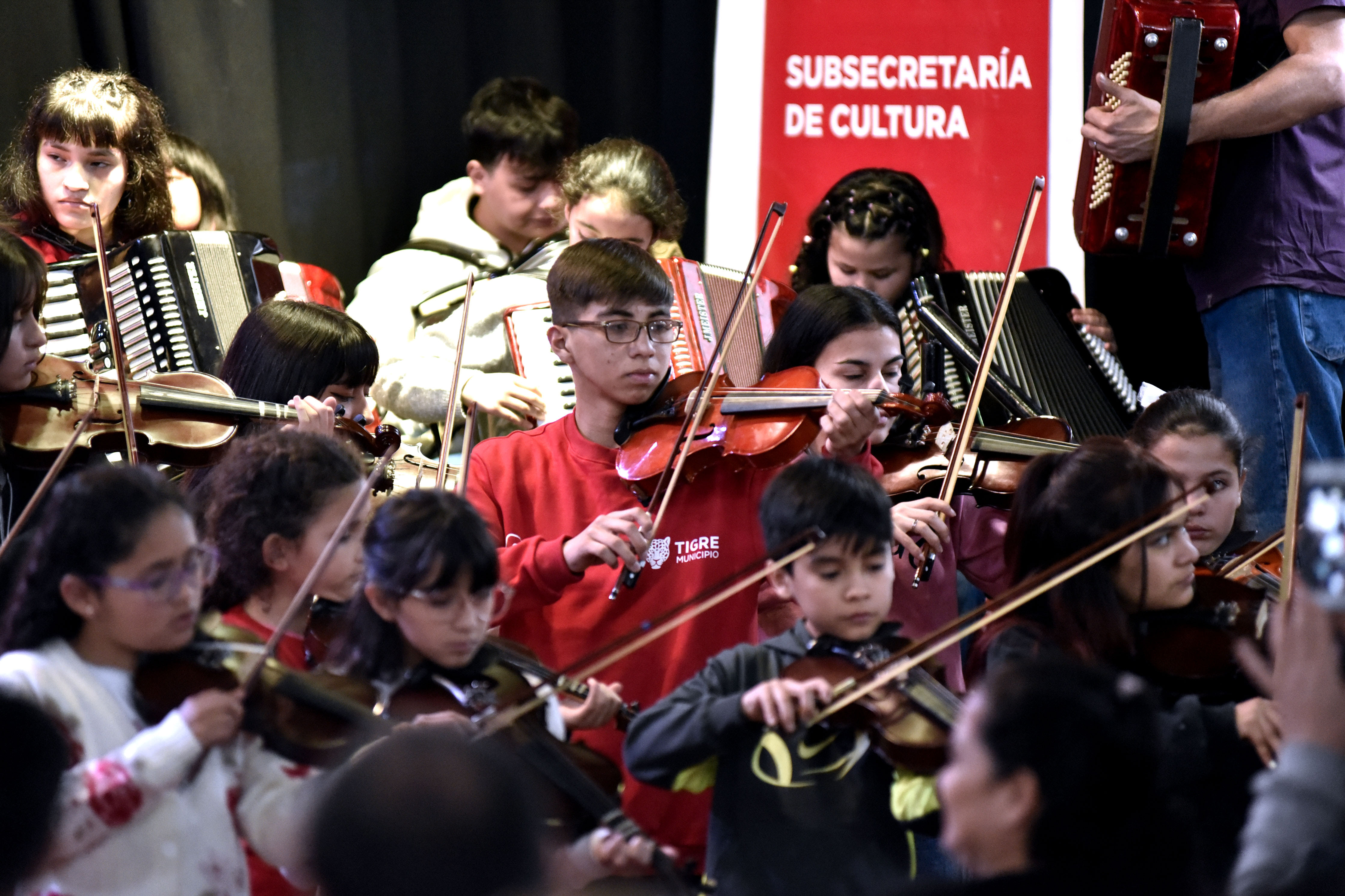 Niños y jóvenes tocando violines y acordeones durante el show de la agrupación 'Leda Valladares' en la celebración del 15° aniversario del Programa de Orquestas Infanto Juvenil del Municipio de Tigre, con un cartel de la Subsecretaría de Cultura al fondo.