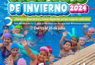 Afiche promocional de las Colonias de Invierno 2024 en San Fernando, mostrando a niños en una piscina disfrutando de actividades acuáticas.