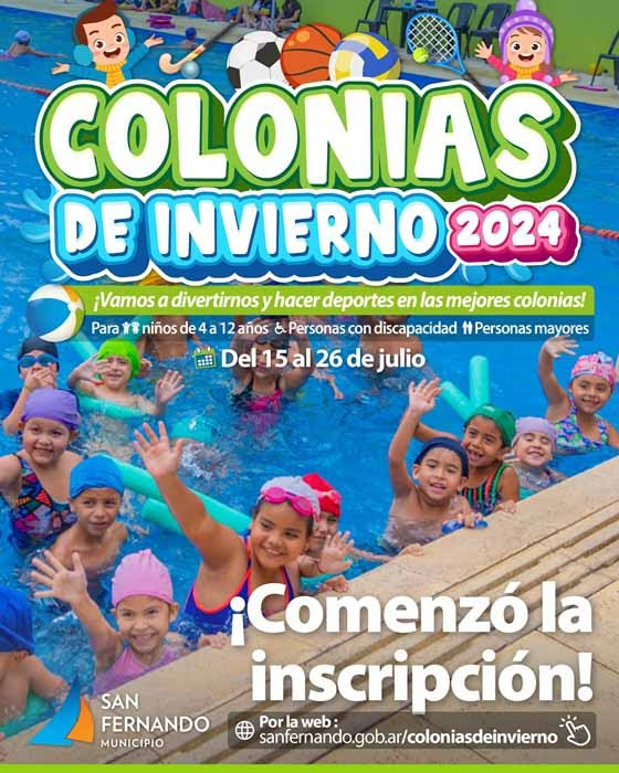 Afiche promocional de las Colonias de Invierno 2024 en San Fernando, mostrando a niños en una piscina disfrutando de actividades acuáticas.